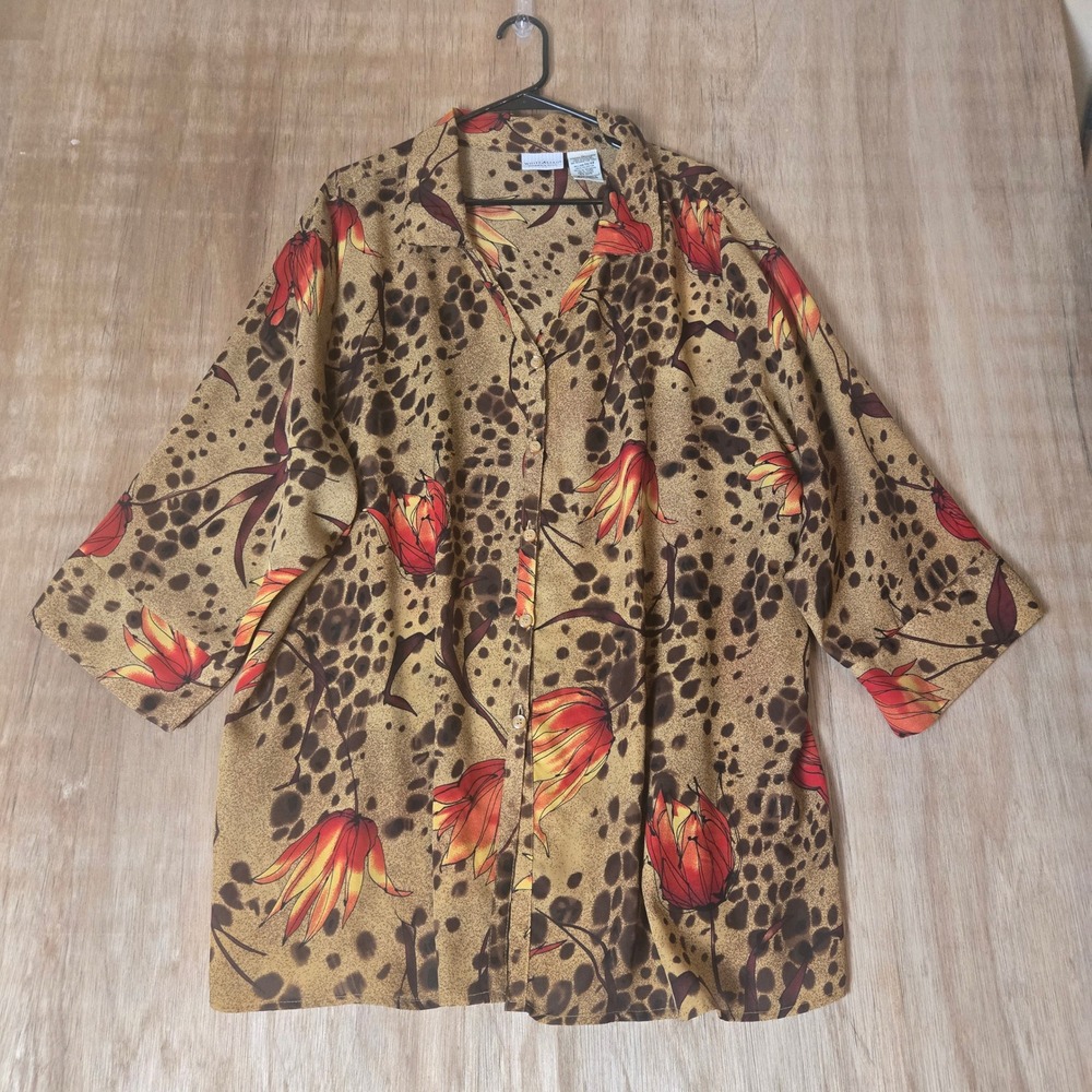 White Stag Womens Plus 26W 28W Leopard Floral Button Down Shirt Boho Cottagecore